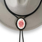 Bolo Tie with Rose - White & Pink Flower for Western Gifts on a Cowboy hat