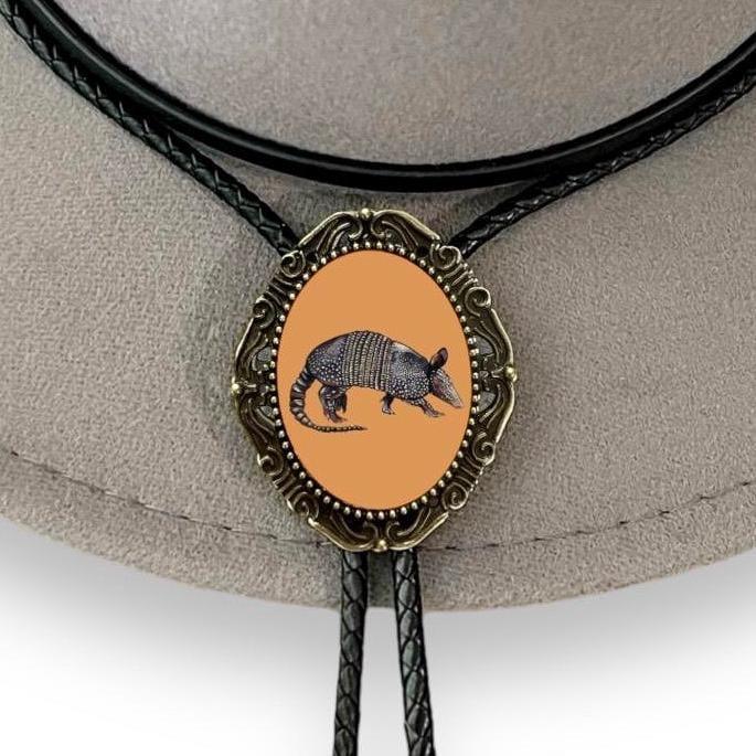Orange Armadillo Bolo tie for men groomsmen and wedding.