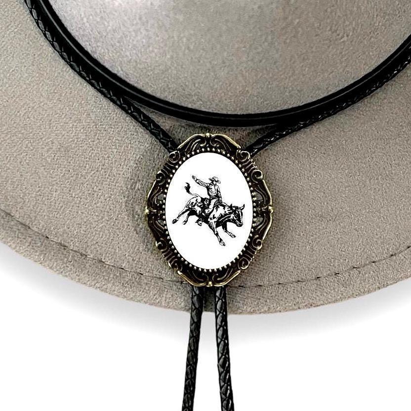 White Bull Rider Bolo tie for men groomsmen and wedding.