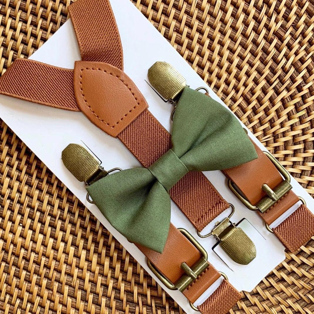 Olive green Men’s Bow Tie & cognac Brown Suspenders Set for wedding and groomsmen