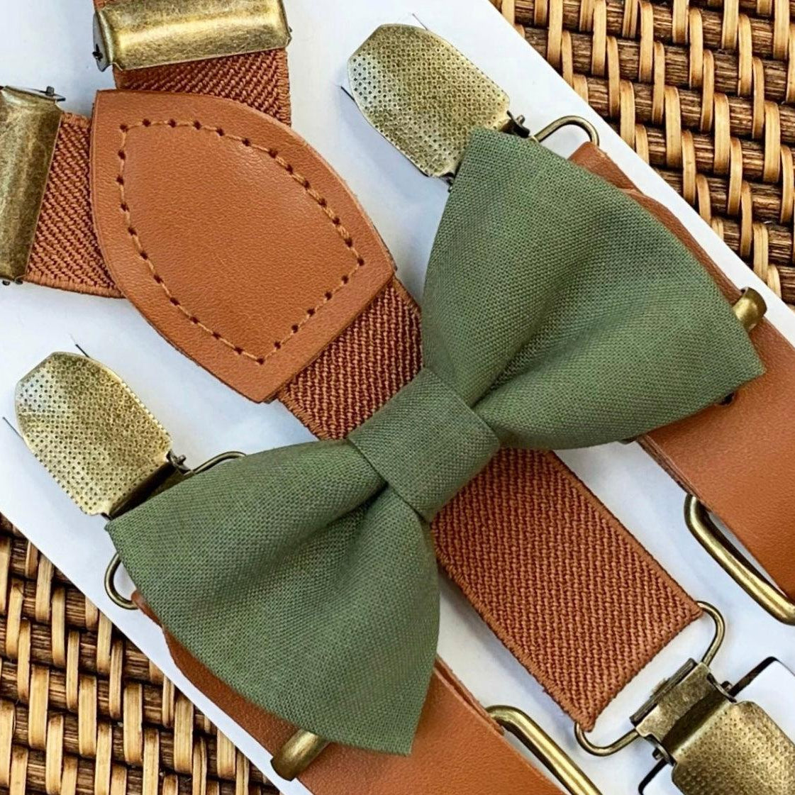 Olive green Men’s Bow Tie & cognac Brown Suspenders Set for wedding