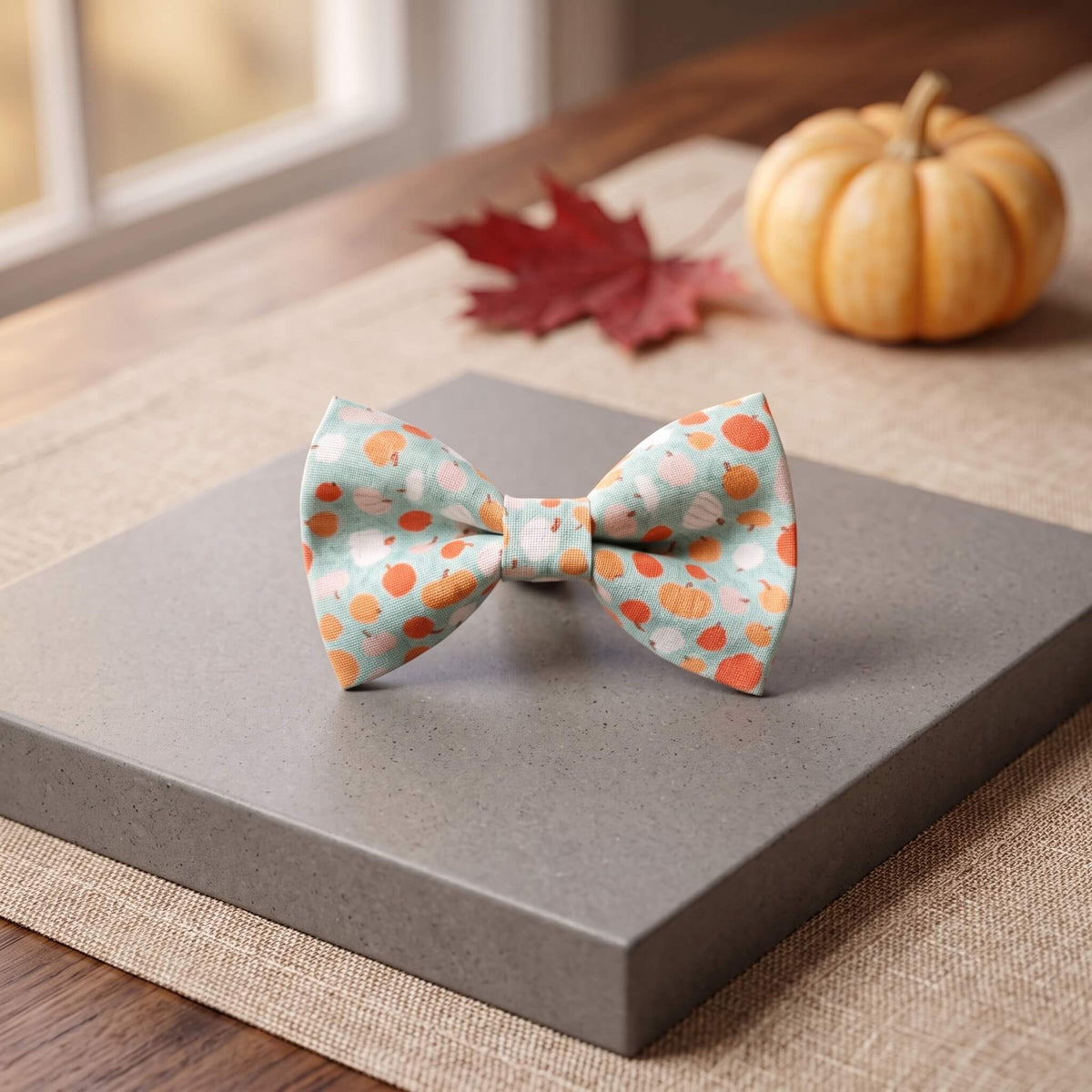 A light blue bow tie with an orange, white, and yellow autumn pattern, displayed on a gray block with a rustic fall background featuring a small pumpkin and a red maple leaf.