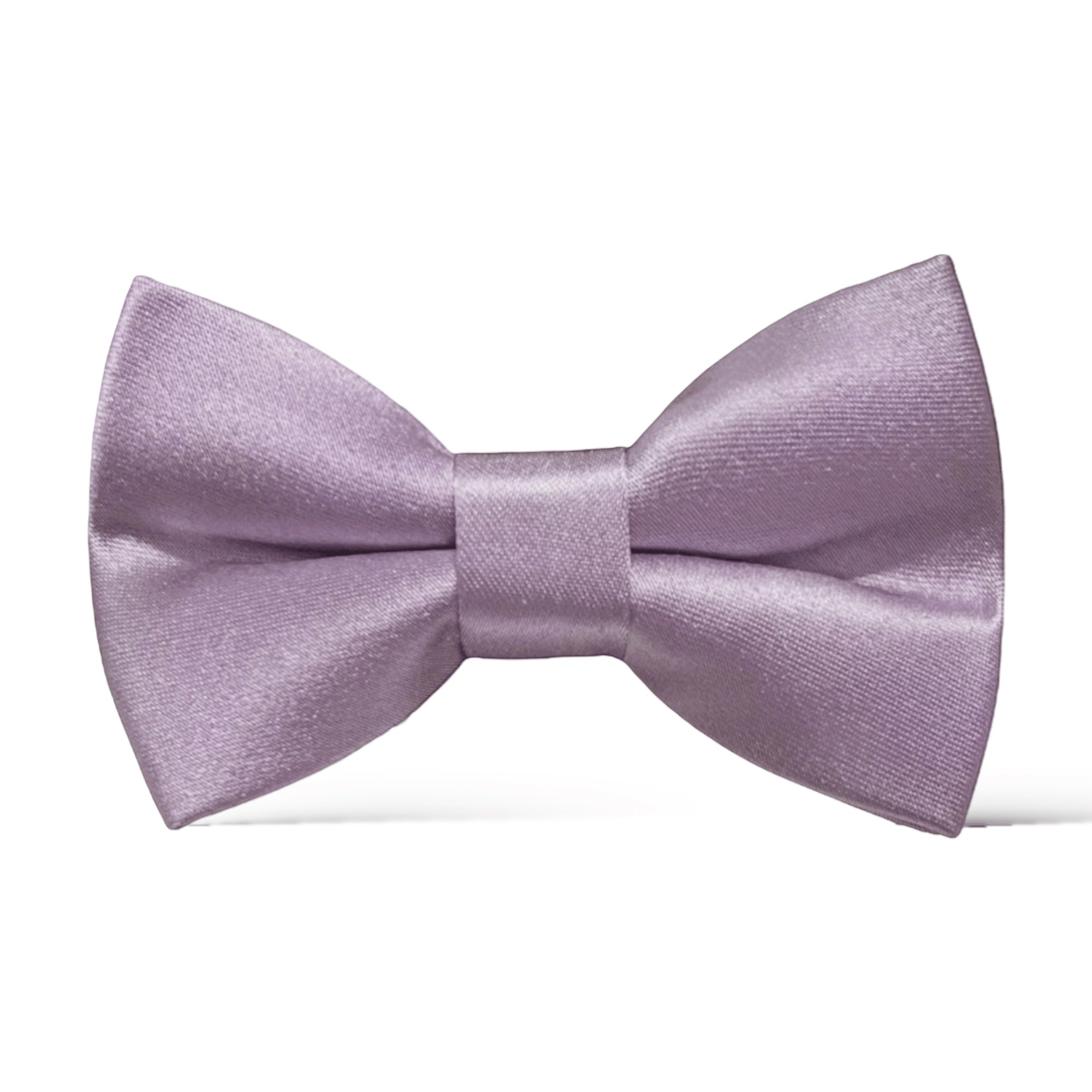 The Bold Bow Tie lavender satin pre-tied bow tie with an adjustable strap for weddings and formal events.