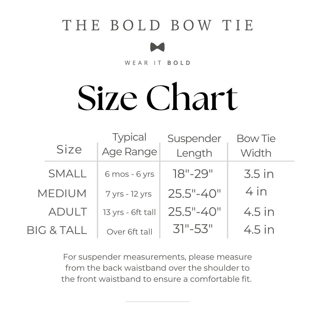 Size chart for Floral Bow Tie and Olive Green Suspenders Set Wonderland Garden with size options and measurements