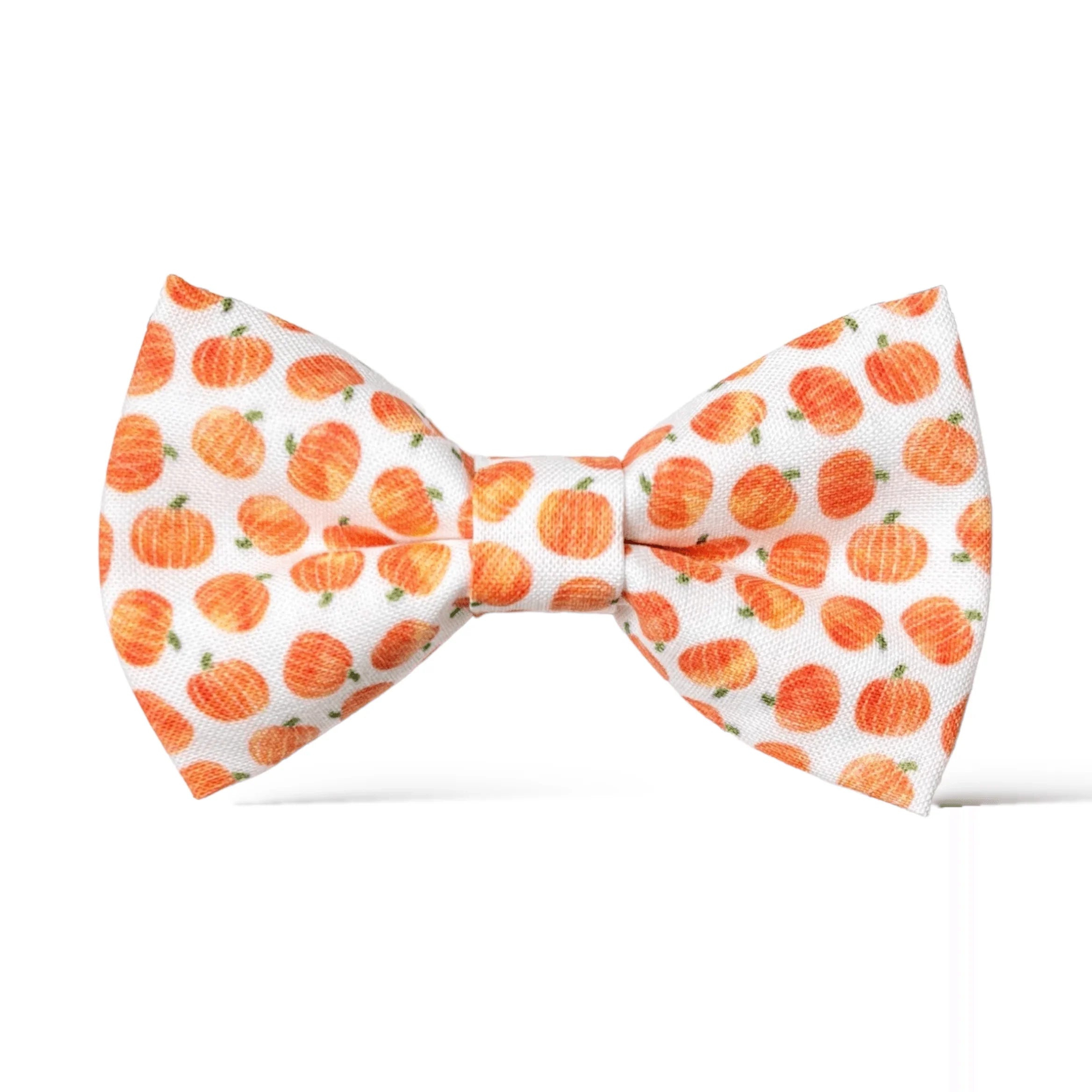 Bow tie for men and children and toddlers with orange pumpkin pattern on a white background