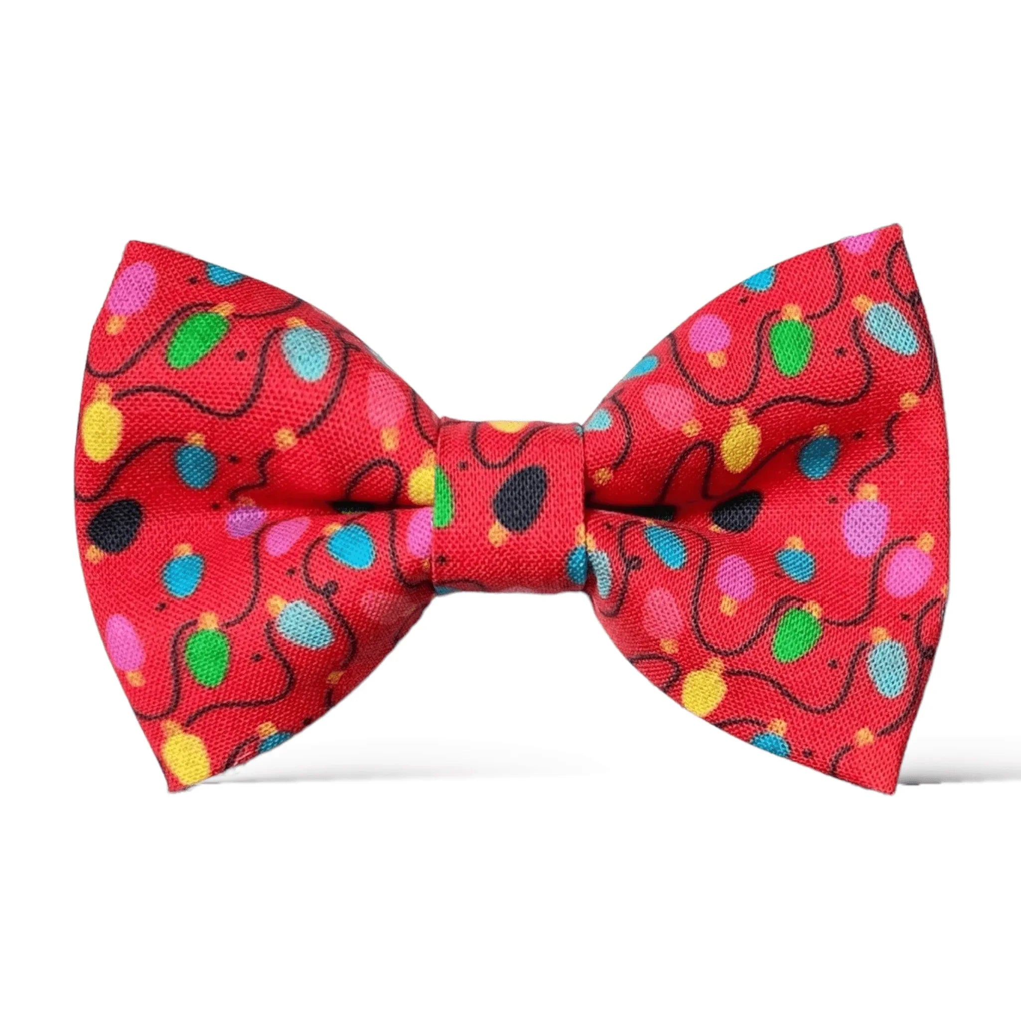 Red bow tie with Christmas lights on a white background