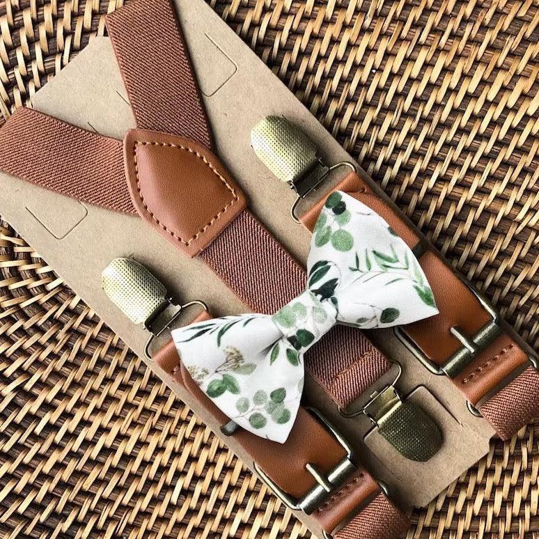 Size chart for suspender and bow tie sets from The Bold Bow Tie. X-Small (6mo-4yr): 15"-23" suspenders, 3.5" bow. Small (5-9yr): 18"-33" suspenders, 3.5" bow. Medium (10-12yr): 18"-33" suspenders, 4" bow. Adult (13yr-6'5"): 30"-53" suspenders, 4.5" bow. Big & Tall (Over 6'5"): 53"+ suspenders, 4.5" bow. Instructions note to measure from the back waistband over the shoulder to the front waistband for a comfortable fit.