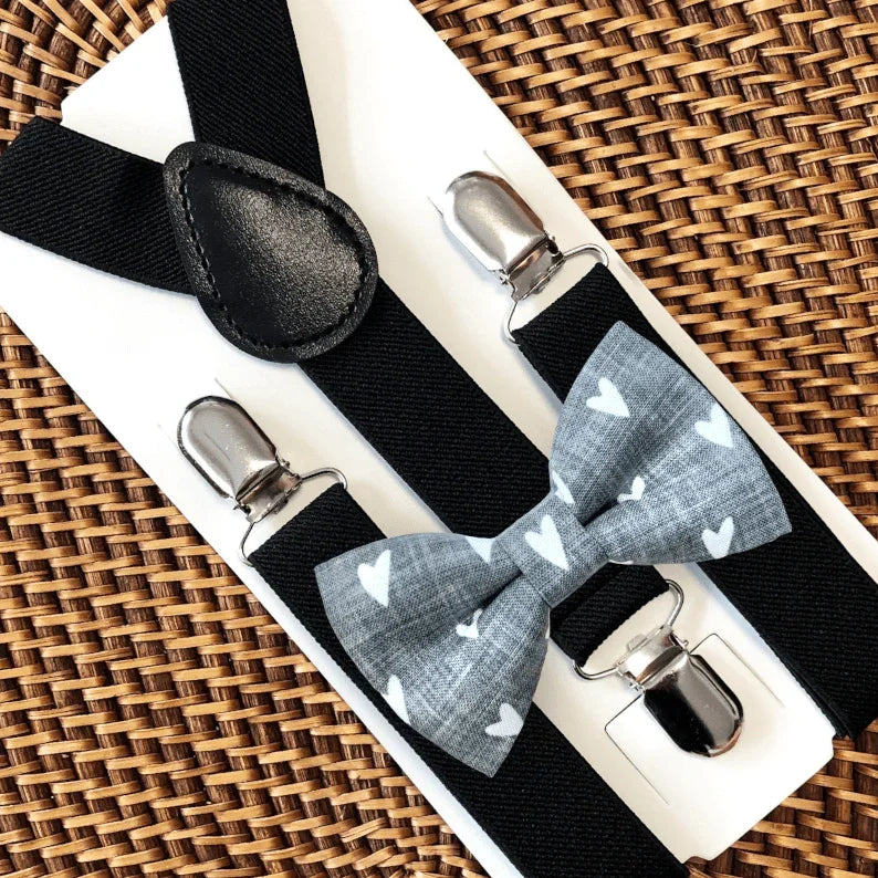 Gray heart ow tie and black suspenders for men, toddlers and kids handmade in the USA and pre-tied, for wedding, groomsmen and ring bearer.