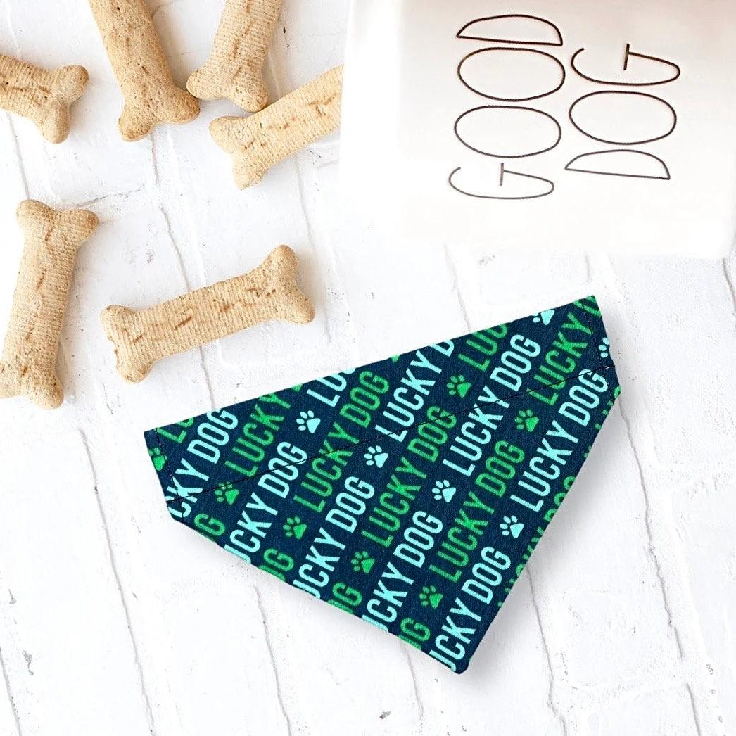 a dog bandana next to a dog bone and a cup of coffee