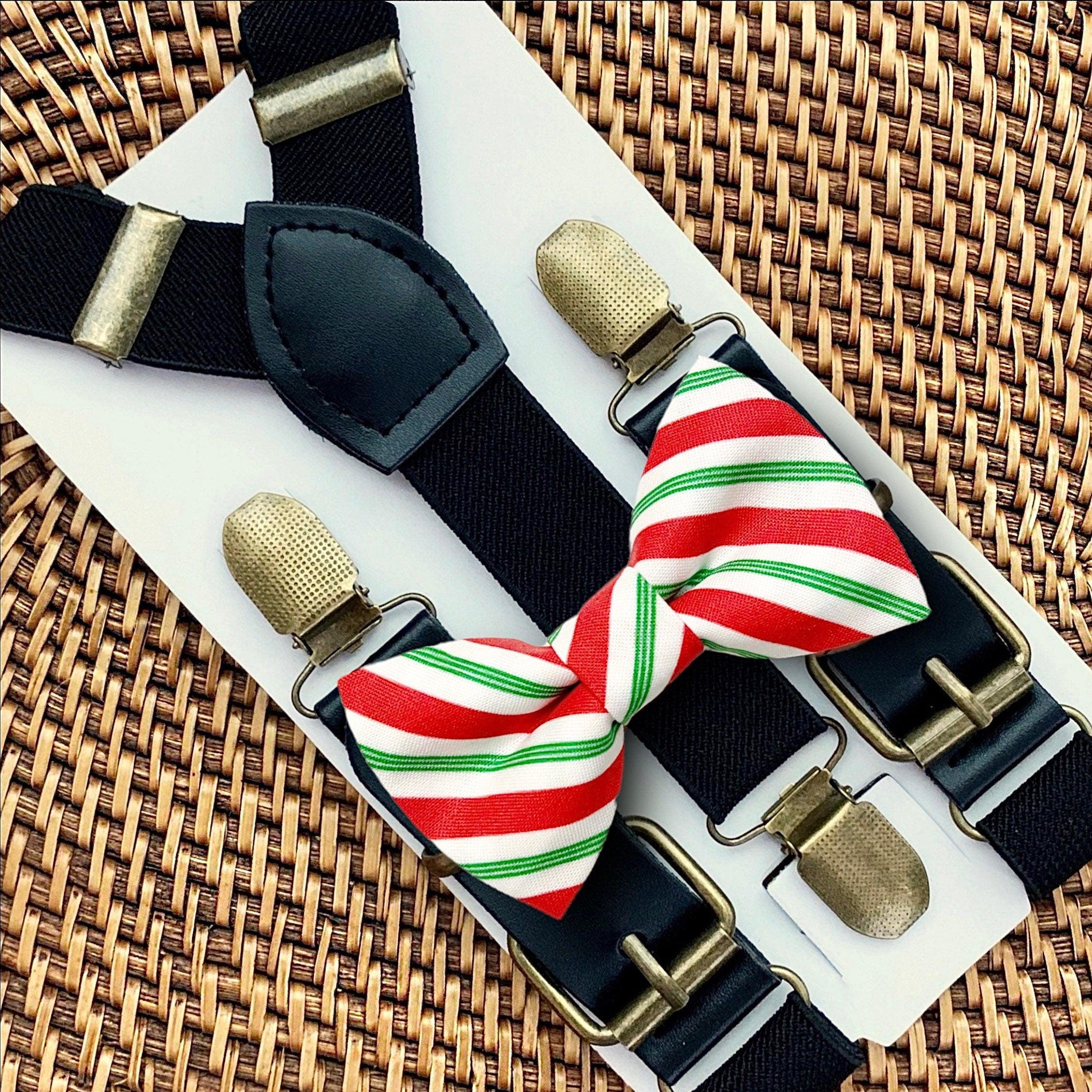 Size chart for suspender and bow tie sets from The Bold Bow Tie. X-Small (6mo-4yr): 15"-23" suspenders, 3.5" bow. Small (5-9yr): 18"-33" suspenders, 3.5" bow. Medium (10-12yr): 18"-33" suspenders, 4" bow. Adult (13yr-6'5"): 30"-53" suspenders, 4.5" bow. Big & Tall (Over 6'5"): 53"+ suspenders, 4.5" bow. Instructions note to measure from the back waistband over the shoulder to the front waistband for a comfortable fit.