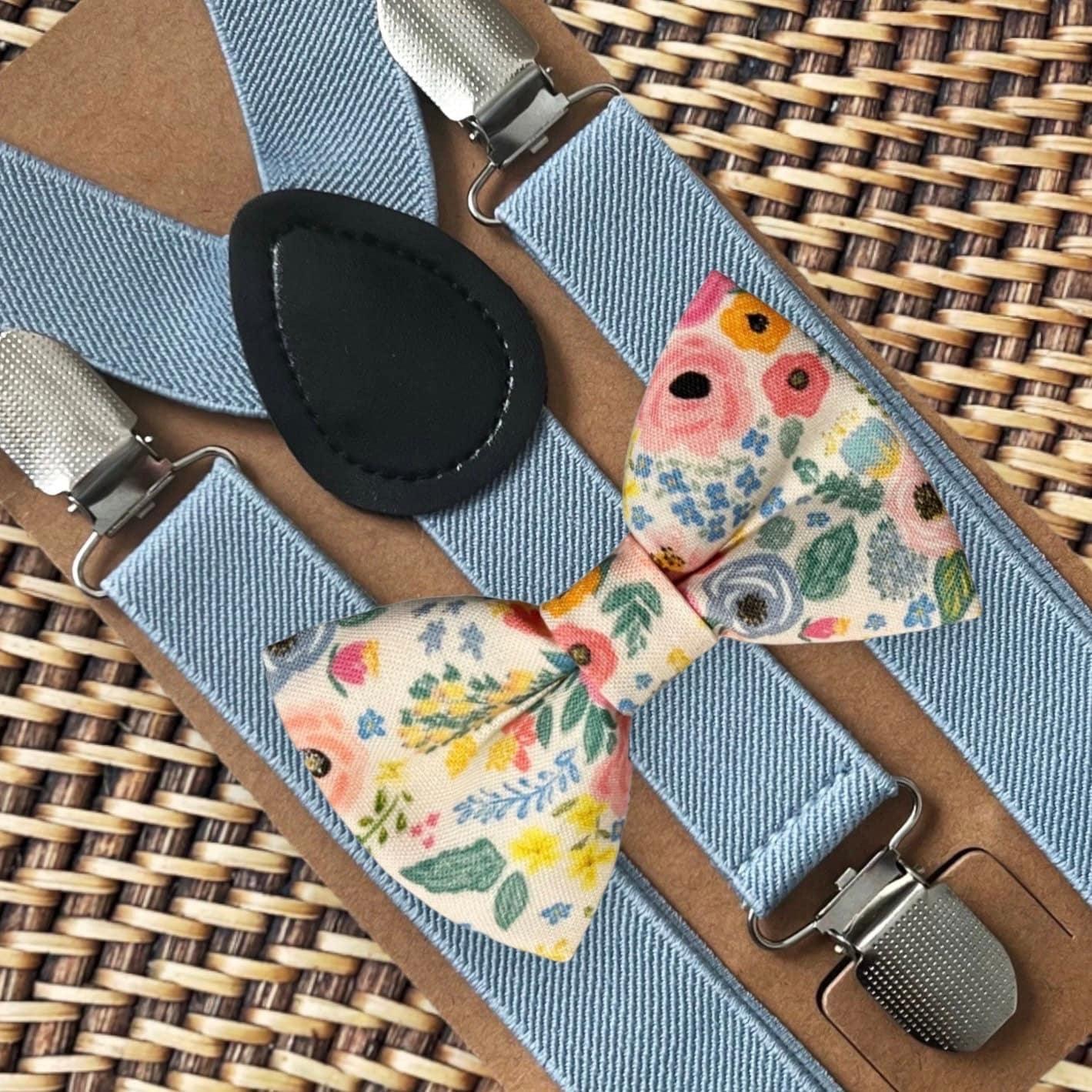Wonderland Garden Men’s Bow Tie & Dusty Blue Suspenders Set for wedding, ring bearers and groomsmen.