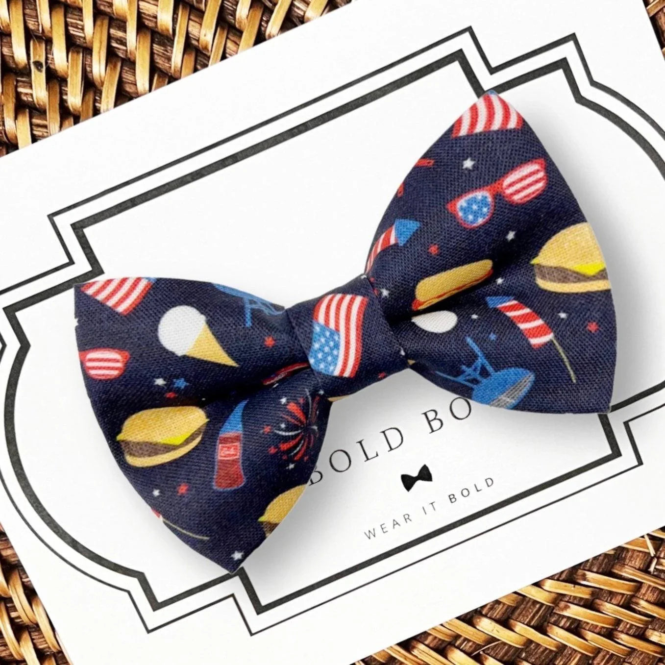 Navy blue dog bow tie with for Fourth of July.