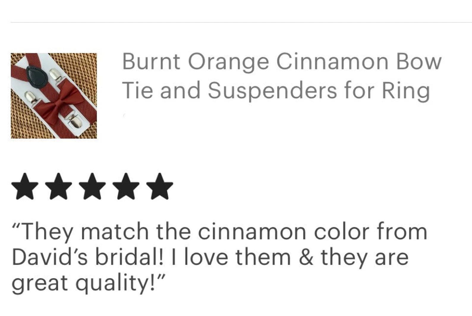 5 Stars social proof for cinnamon bow tie and suspenders set.