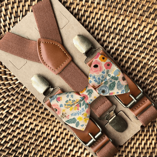 Wonderland Garden Bow Tie & Cognac Buckle Suspenders Set for groomsmen, ring bearers and weddings.