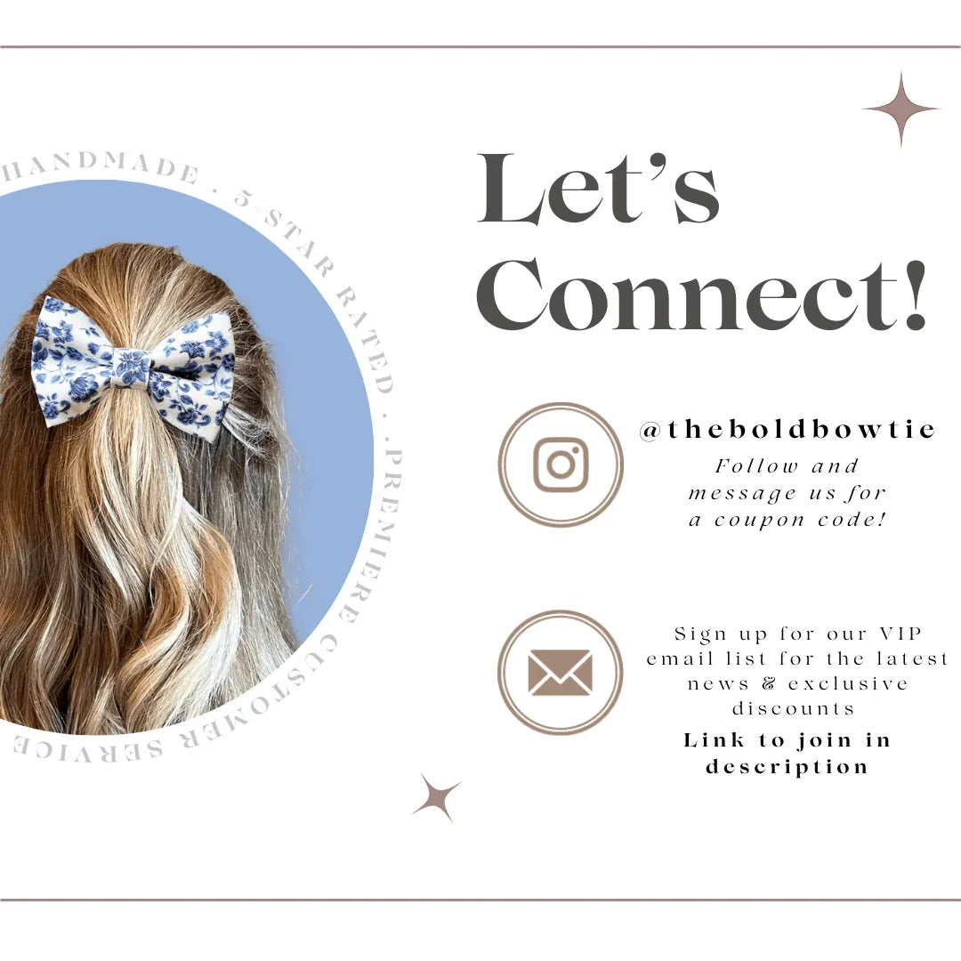 Blue floral bow attached to light brown hair against a pale blue circular backdrop