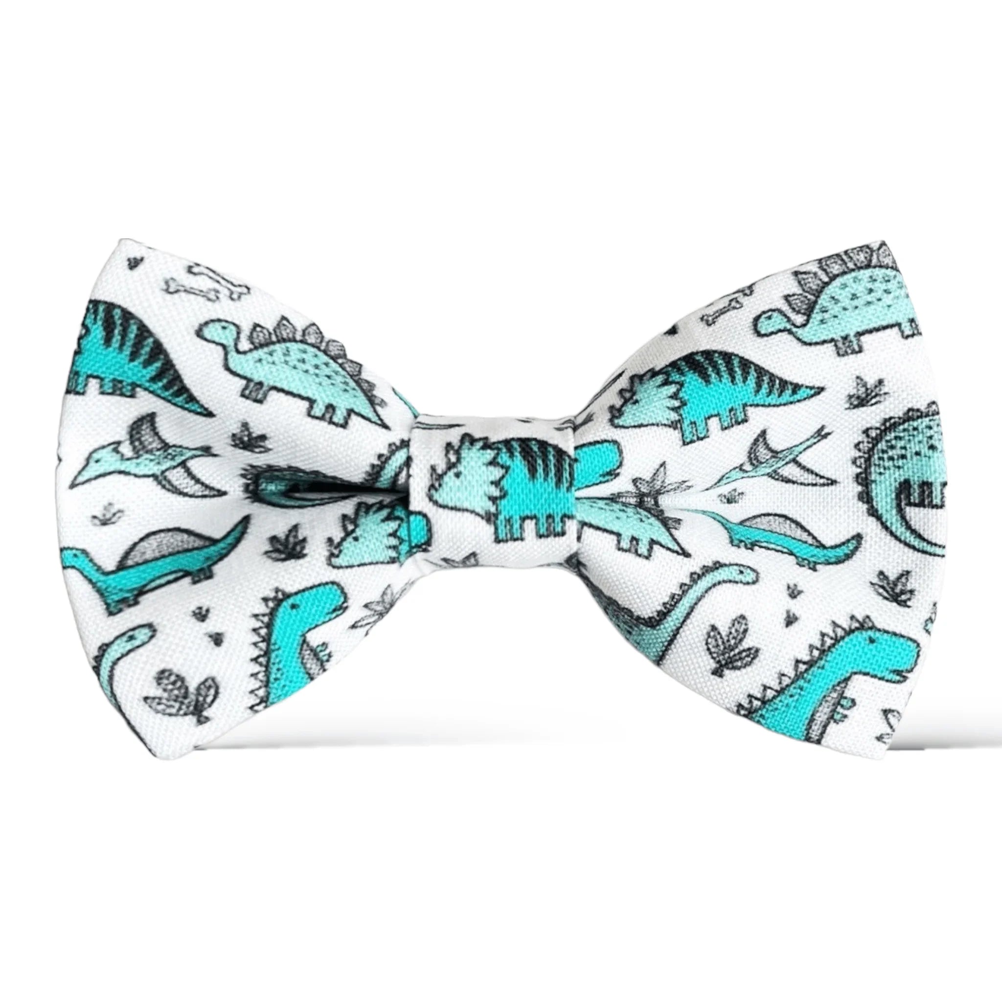 A blue dinosaur bow tie with white background, displayed against a plain backdrop.