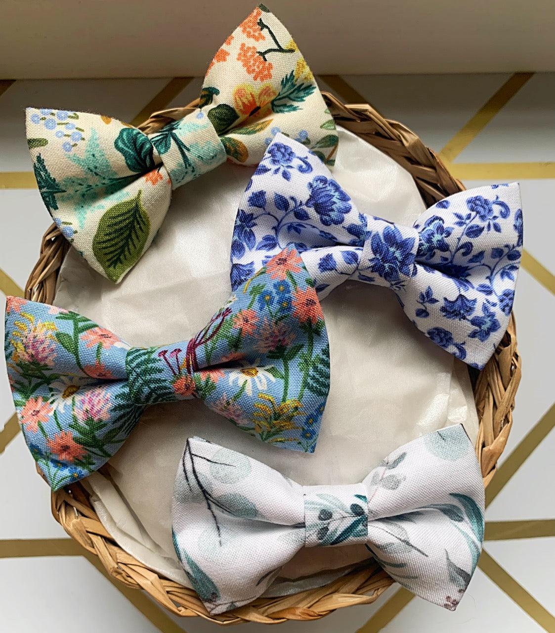 Floral Spring Bow Tie Gift Set includes three patterned bows in a wicker basket
