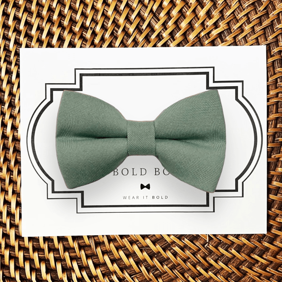 Wedding dog bow tie in dusty sage green — cotton dog bow tie for wedding ring bearer pets, slides onto collar, handmade in the USA by The Bold Bow Tie.