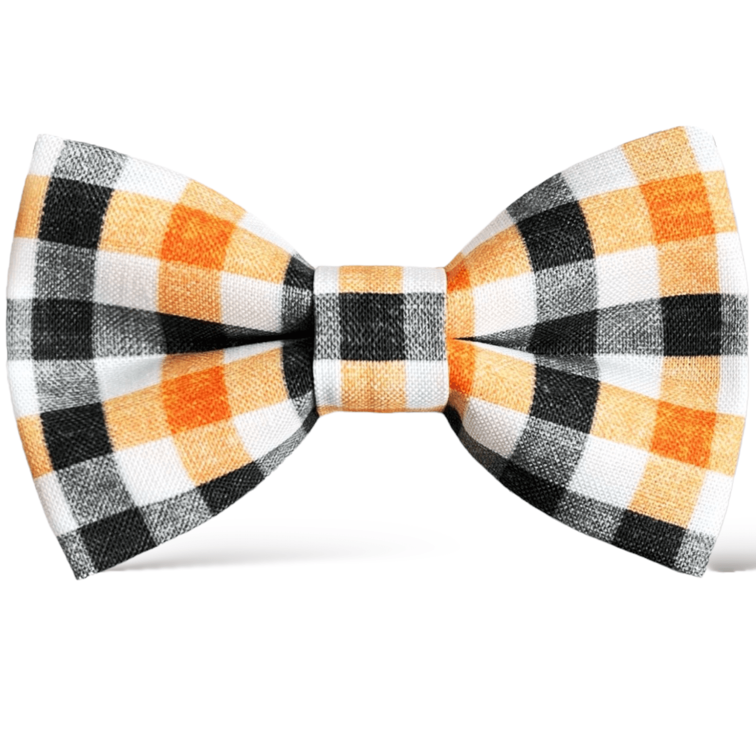 Plaid bow tie with orange, black, and white pattern on a white background for Halloween