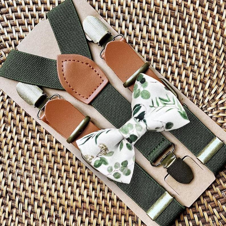 Size chart for suspender and bow tie sets from The Bold Bow Tie. X-Small (6mo-4yr): 15"-23" suspenders, 3.5" bow. Small (5-9yr): 18"-33" suspenders, 3.5" bow. Medium (10-12yr): 18"-33" suspenders, 4" bow. Adult (13yr-6'5"): 30"-53" suspenders, 4.5" bow. Big & Tall (Over 6'5"): 53"+ suspenders, 4.5" bow. Instructions note to measure from the back waistband over the shoulder to the front waistband for a comfortable fit.