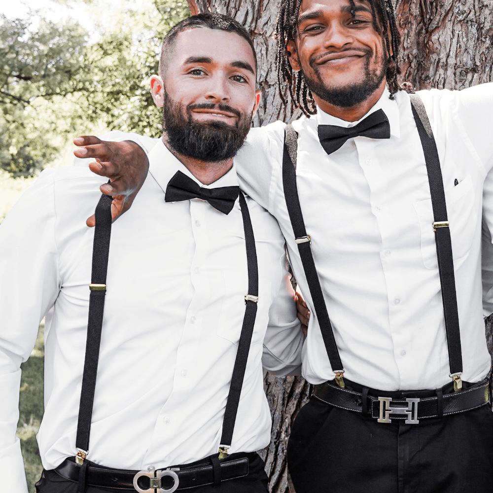 Black Bow Tie and Black & Gold Suspenders Set for wedding worn by groomsmen.