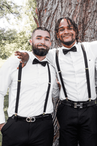 Black Bow Tie and Black & Gold Suspenders Set for wedding worn by groomsmen.