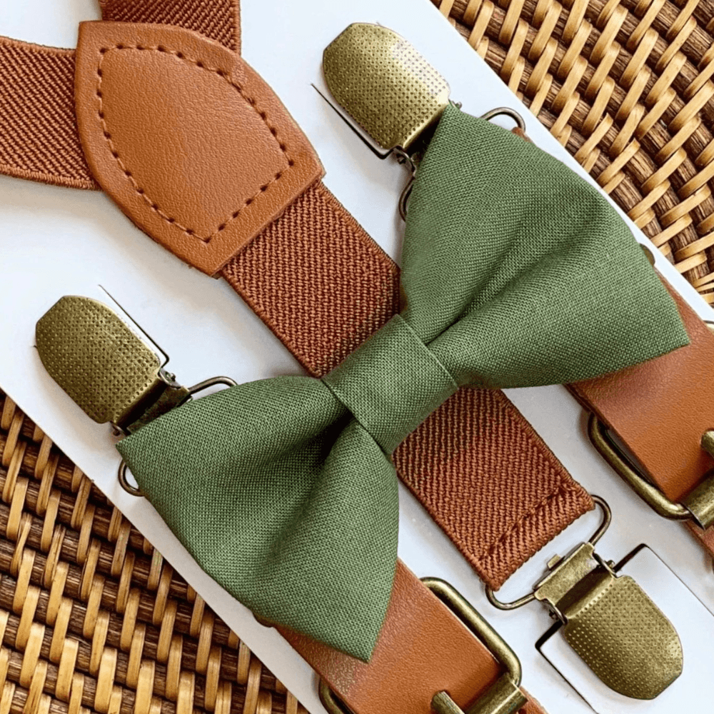 Olive green Men’s Bow Tie & cognac Brown Suspenders Set for wedding