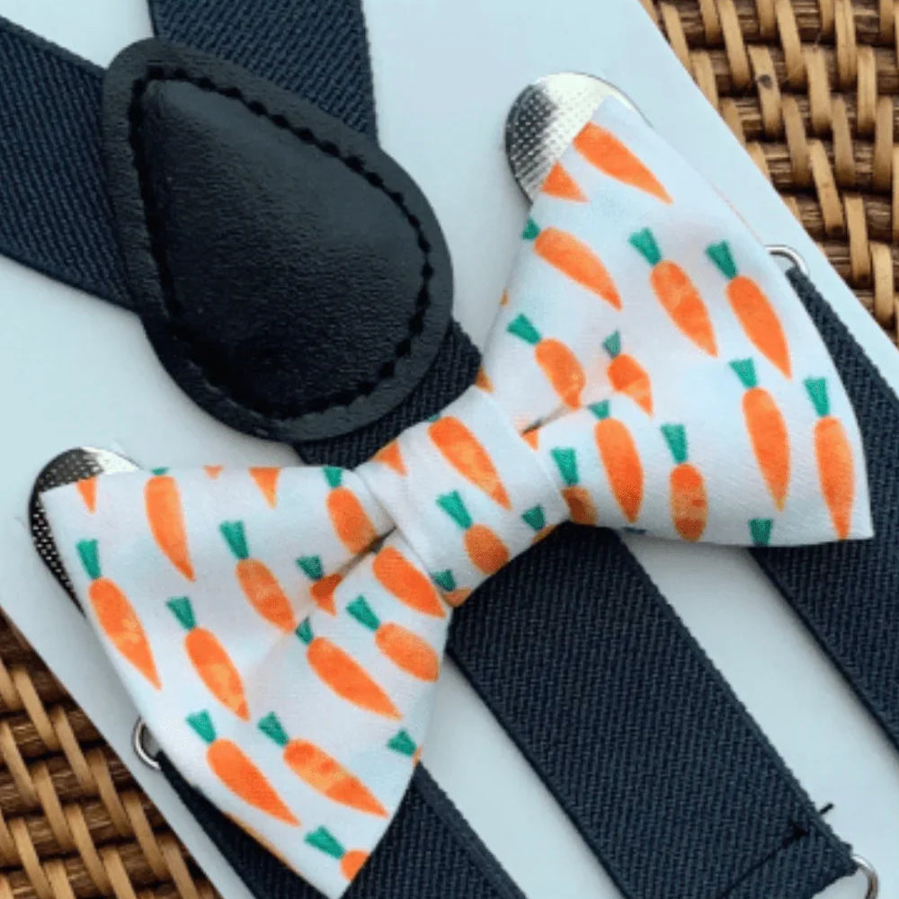 Size chart for suspender and bow tie sets from The Bold Bow Tie. Small (6mo-6yr): 18"-29" suspenders, 3.5" bow. Medium (7-12yr): 25.5"-40" suspenders, 4" bow. Adult (13yr-6ft tall): 25.5"-40" suspenders, 4.5" bow. Big & Tall (Over 6ft tall): 31"-53" suspenders, 4.5" bow. Instructions note to measure from the back waistband over the shoulder to the front waistband for a comfortable fit.