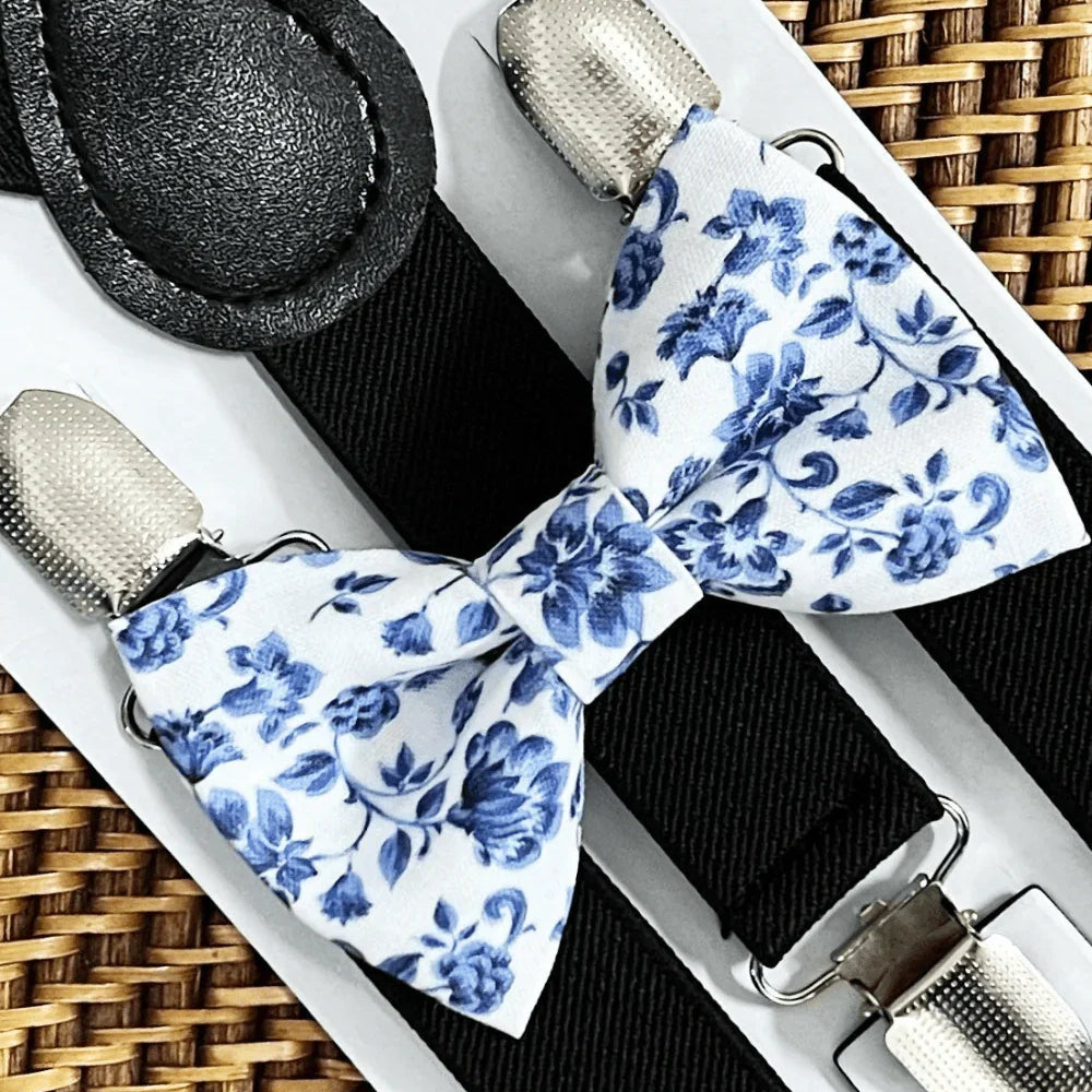 Size chart for suspender and bow tie sets from The Bold Bow Tie. Small (6mo-6yr): 18"-29" suspenders, 3.5" bow. Medium (7-12yr): 25.5"-40" suspenders, 4" bow. Adult (13yr-6ft tall): 25.5"-40" suspenders, 4.5" bow. Big & Tall (Over 6ft tall): 31"-53" suspenders, 4.5" bow. Instructions note to measure from the back waistband over the shoulder to the front waistband for a comfortable fit.