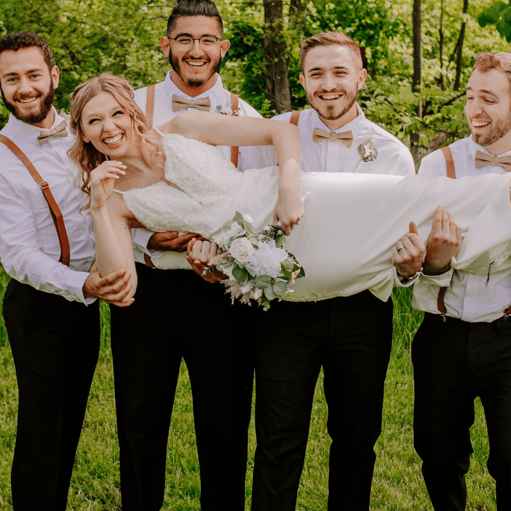 Taupe Bow Tie & Tan Vegan Leather Suspenders Set for groomsmen, wedding and ring bearer outfit.