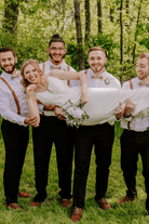 Taupe Bow Tie & Tan Vegan Leather Suspenders Set for groomsmen, wedding and ring bearer outfit.