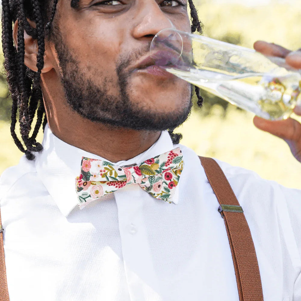 Floral bow tie and brown suspenders for men, toddlers and kids handmade in the USA and pre-tied, for wedding, groomsmen and ring bearer.