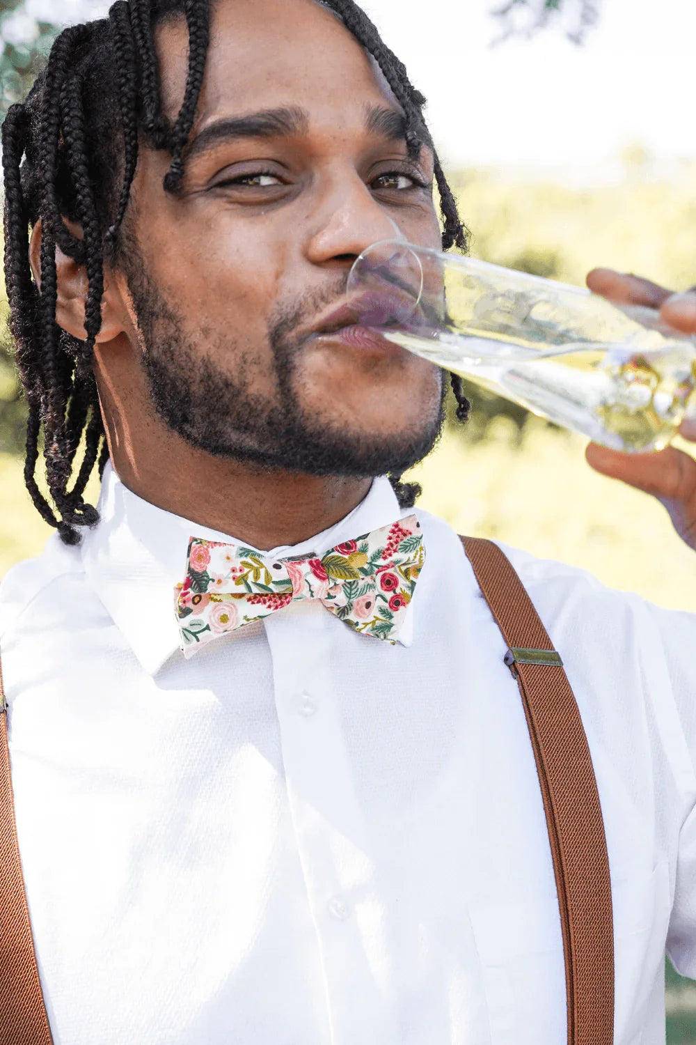 Floral bow tie and brown suspenders for men, toddlers and kids handmade in the USA and pre-tied, for wedding, groomsmen and ring bearer.