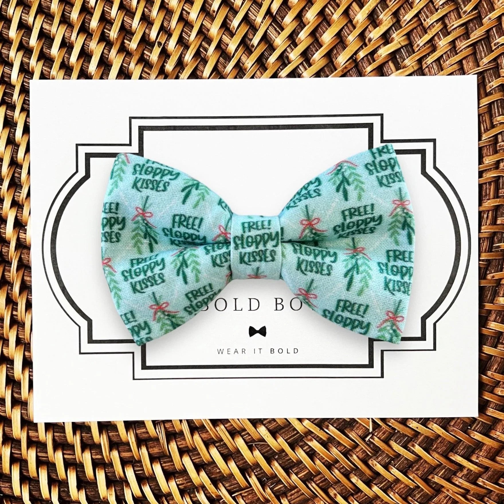 Dog bow tie size chart. Size Small is 3 1/2 inches wide for small dogs under 15 lbs. Size Medium is 4 inches wide for medium dogs between 15 band 40 lbs. Size Large is 4 1/2 inches wide for Large Dogs between 40 band 80 lbs. Size Extra Large is 5 1/2 inches wide for Extra Large Dogs over 80 lbs. Sizing is up to preference and pet bow ties slide on to dog collars with elastic.