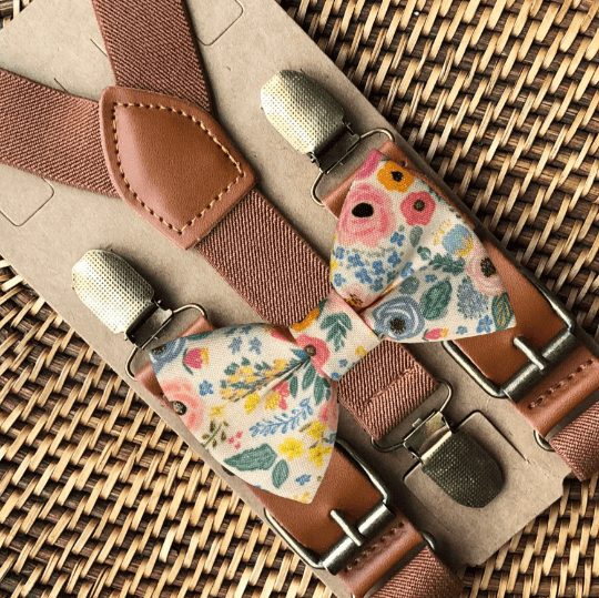 Wonderland Garden Bow Tie & Cognac Buckle Suspenders Set for groomsmen, ring bearers and weddings.
