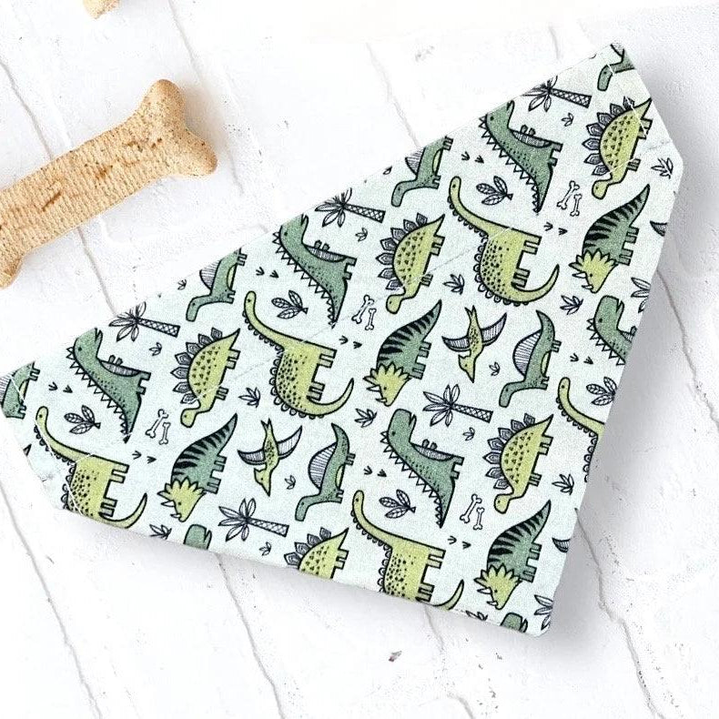 a dog bandana with dinosaurs on it next to a bone