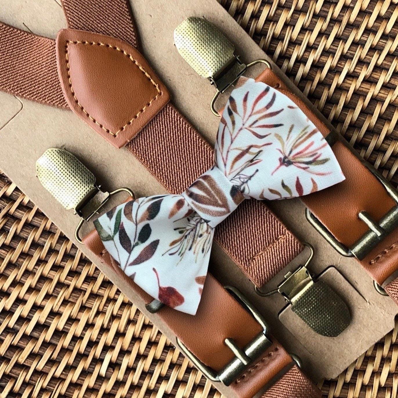 Autumn floral bow tie and cognac brown suspenders.