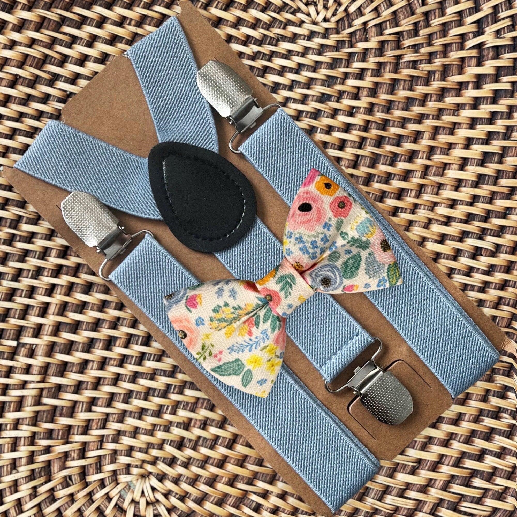 Wonderland Garden Men’s Bow Tie & Dusty Blue Suspenders Set for wedding, ring bearers and groomsmen.