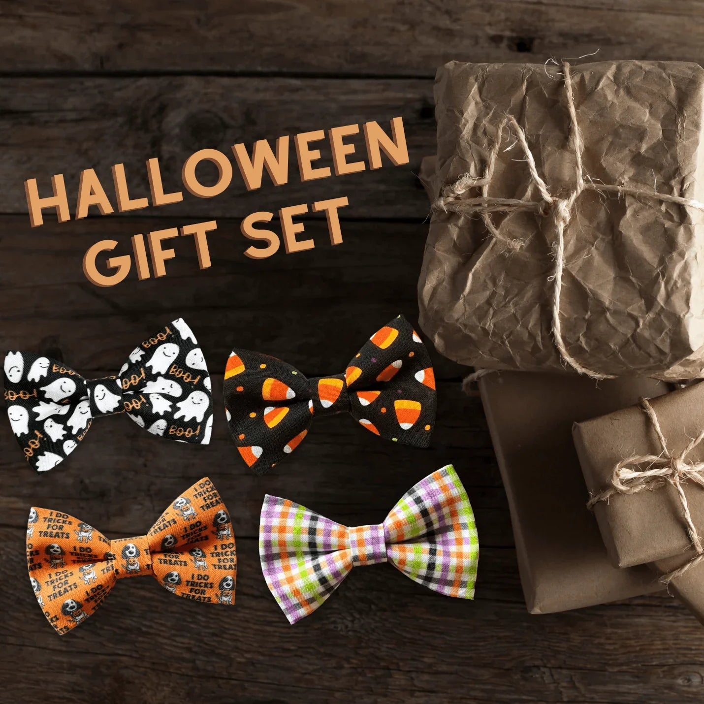 Halloween themed bow ties arranged in a Halloween gift set on a dark wooden surface with wrapped gifts