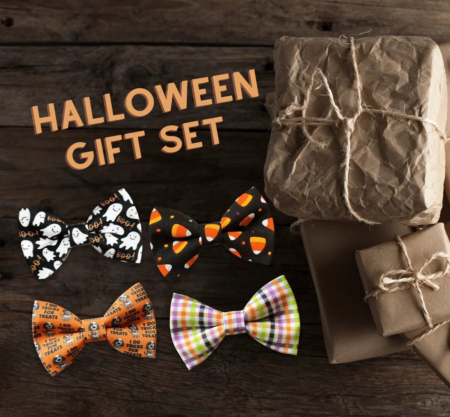 Halloween themed bow ties arranged in a Halloween gift set on a dark wooden surface with wrapped gifts