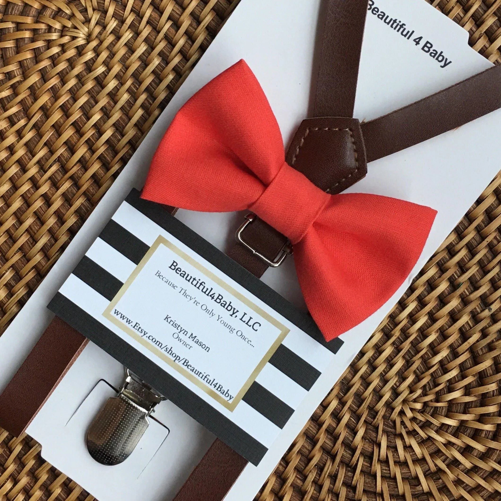 Coral bow tie and brown suspenders for men, toddlers and kids handmade in the USA and pre-tied, for wedding, groomsmen and ring bearer.