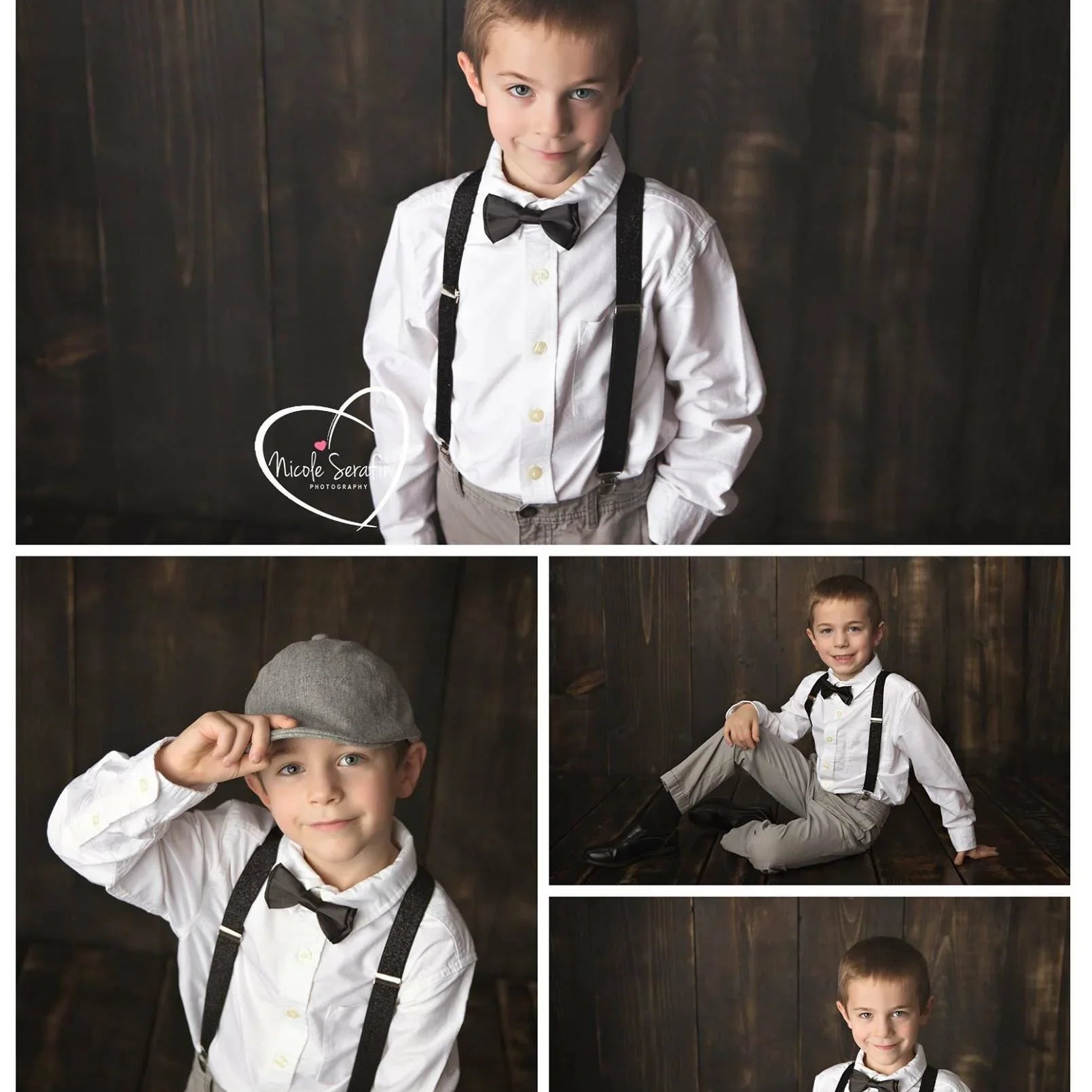 Boy in white shirt with black suspenders and bow tie posing against a dark wooden background