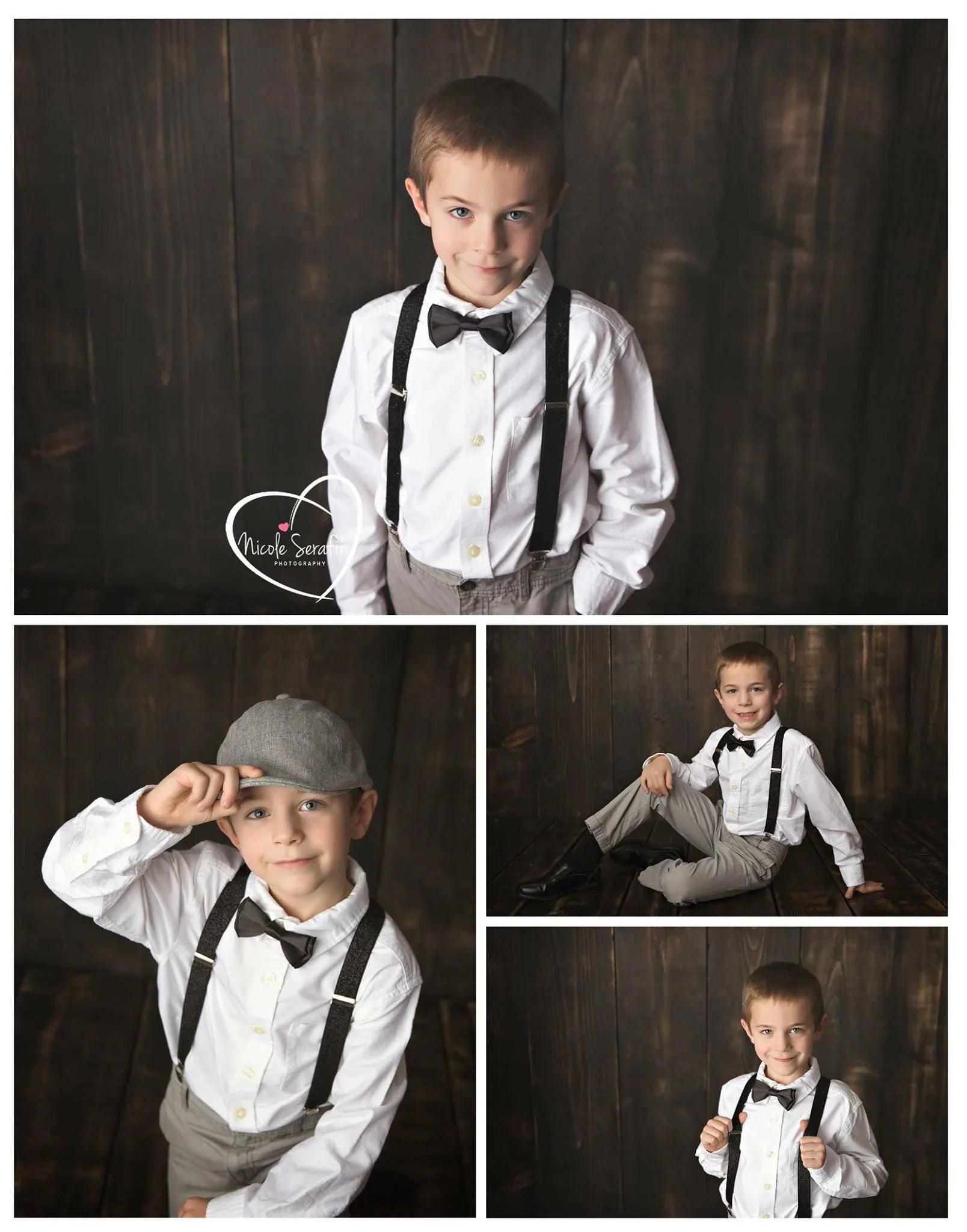 Boy in white shirt with black suspenders and bow tie posing against a dark wooden background