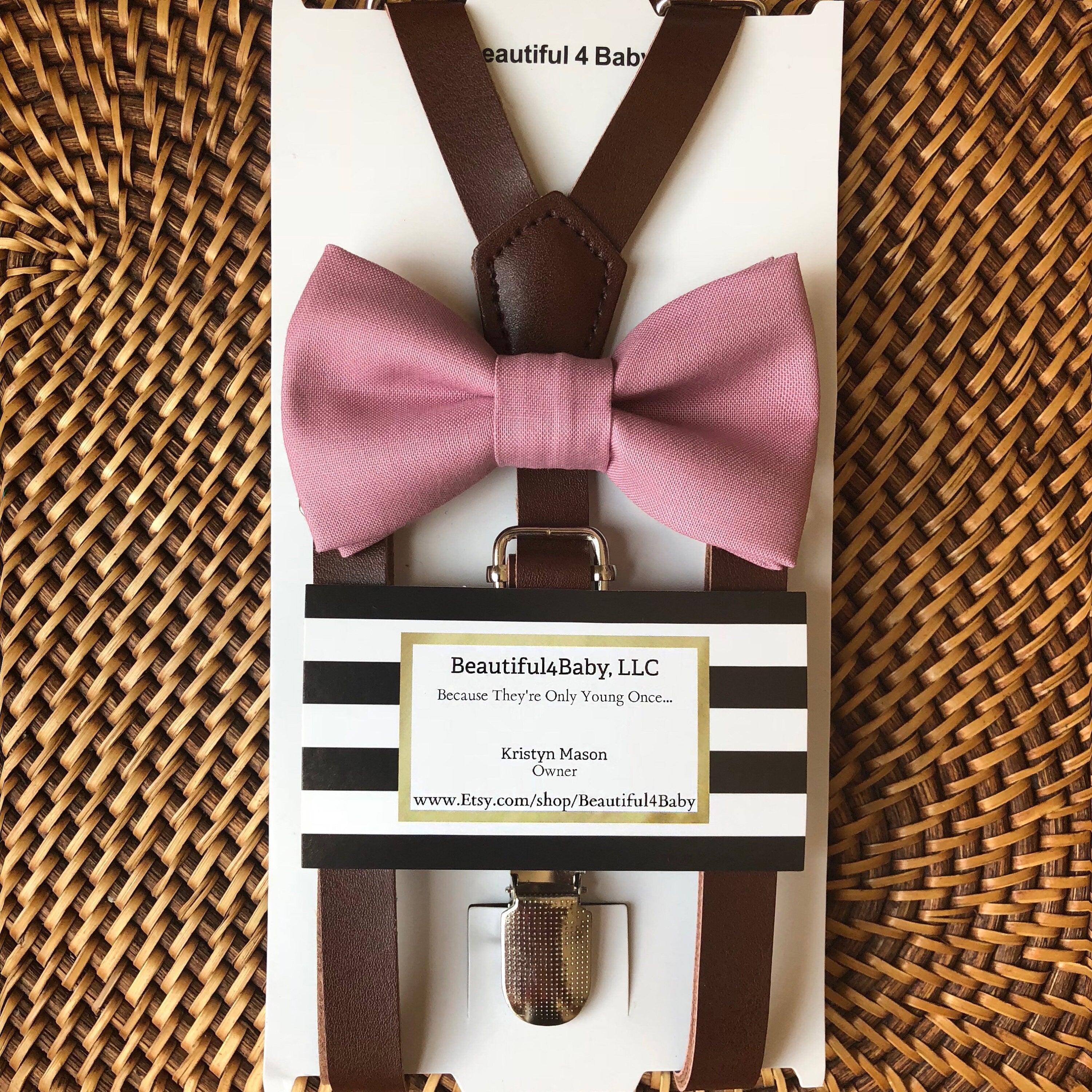 Dusty Rose Pink bow tie and brown suspenders for men, toddlers and kids handmade in the USA and pre-tied, for wedding, groomsmen and ring bearer.