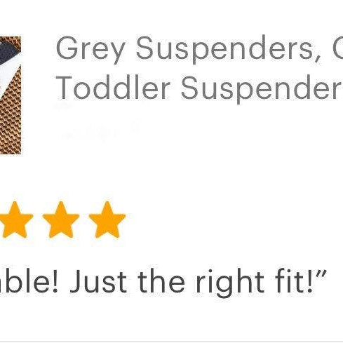 5 star review from a customer for dark gray suspenders from The Bold Bow Tie.