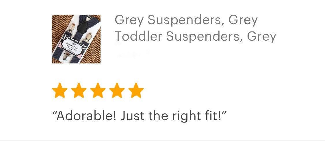 5 star review from a customer for dark gray suspenders from The Bold Bow Tie.