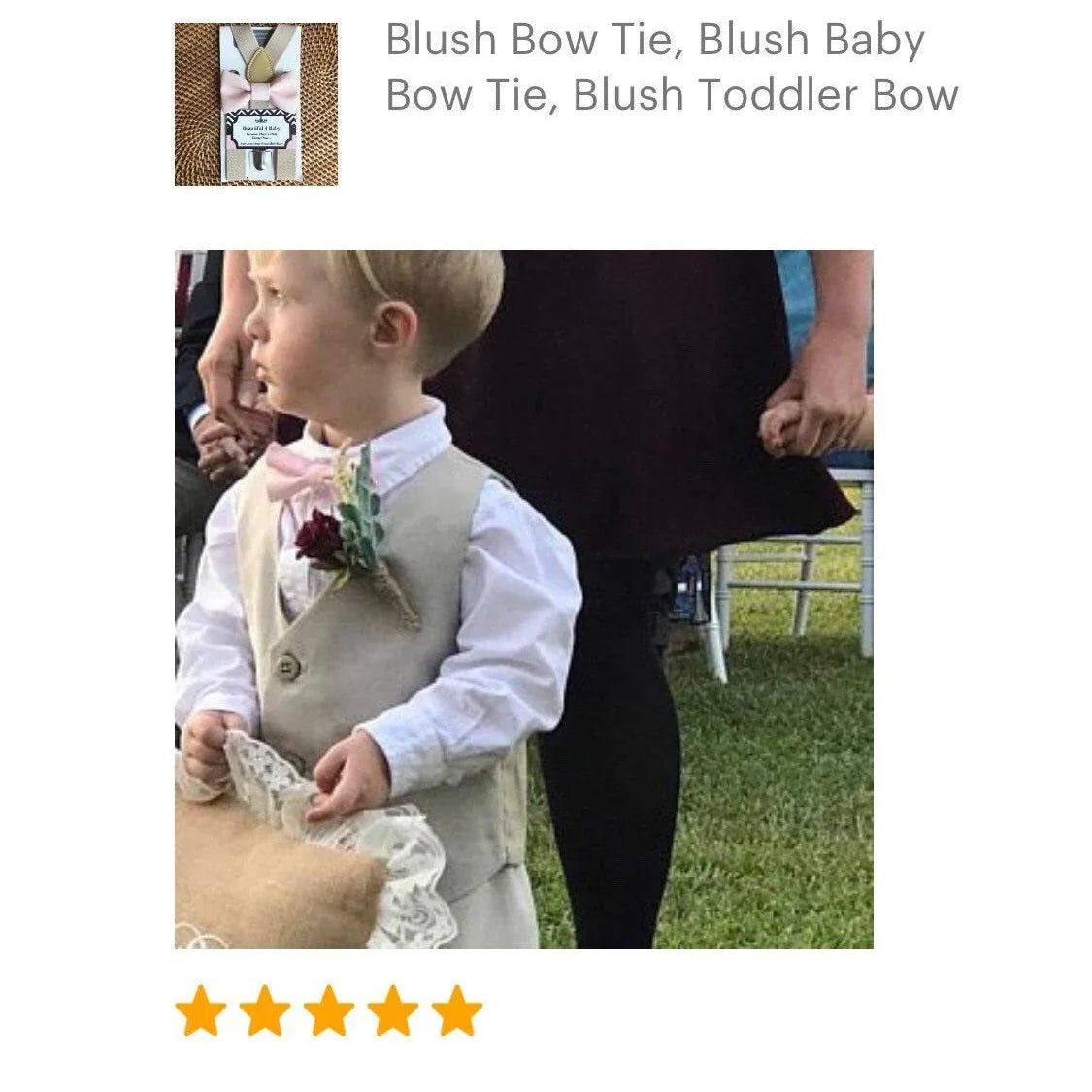 Product packaging for Blush Bow Tie and Tan Suspenders Set with a blush bow tie on the card