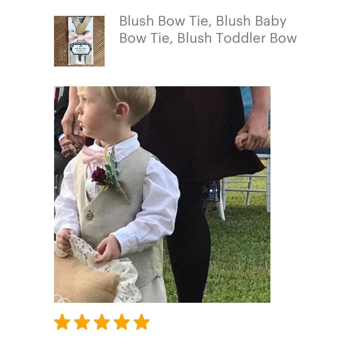 Product packaging for Blush Bow Tie and Tan Suspenders Set with a blush bow tie on the card