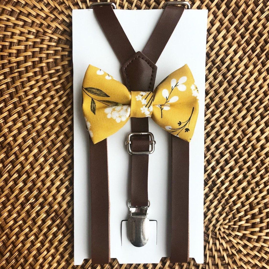 Yellow floral bow tie and brown suspenders for men, toddlers and kids handmade in the USA and pre-tied, for wedding, groomsmen and ring bearer.