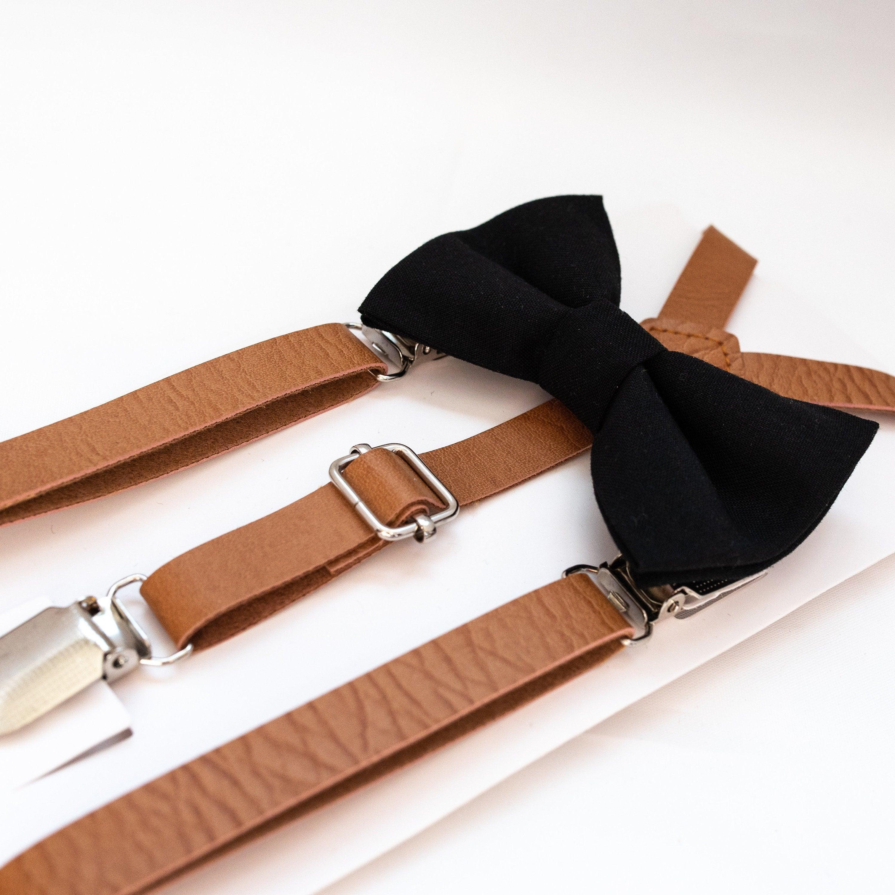 Black bow tie and brown suspenders for men, toddlers and kids handmade in the USA and pre-tied, for wedding, groomsmen and ring bearer.